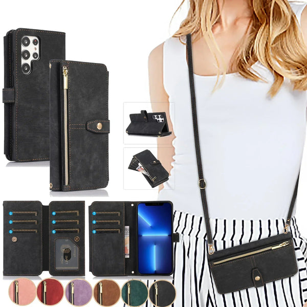 Crossbody wallet case for Samsung Galaxy with card holder, lanyard, and kickstand for hands-free use.