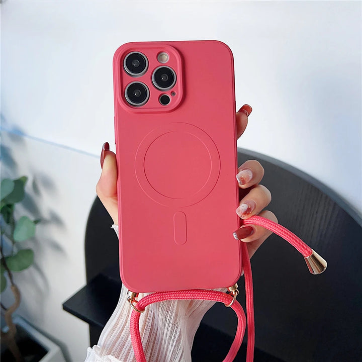 Liquid Silicone Crossbody iPhone Case with Lanyard – MagSafe Compatible Lightweight Shockproof Cover for iPhone 11–16 Pro Max