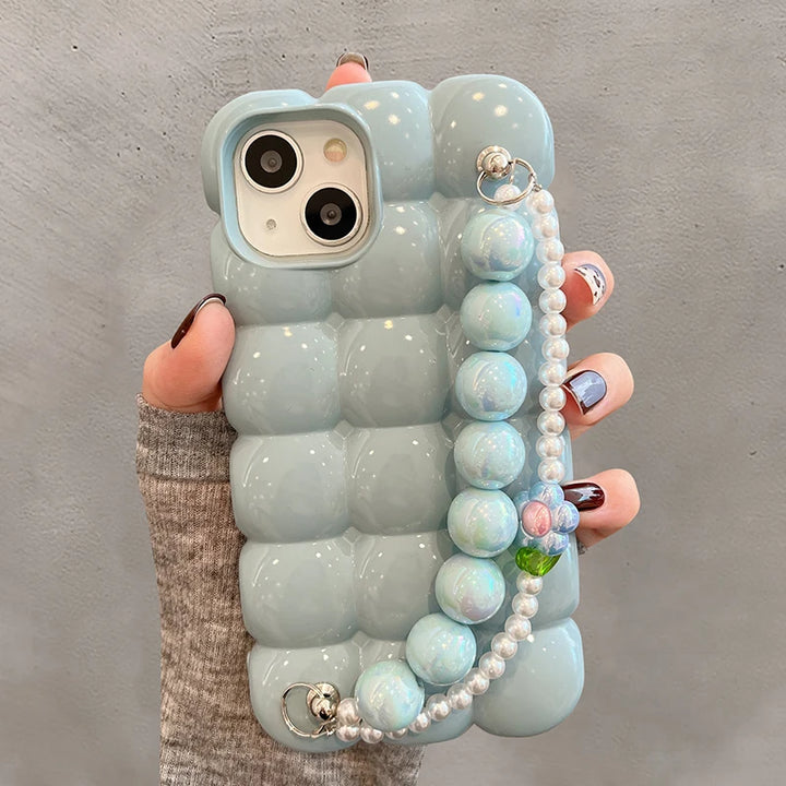 Luxury Pearl Bracelet Chain 3D Ice Lattice Case for iPhone 16 15 14 13 12 Pro Max
