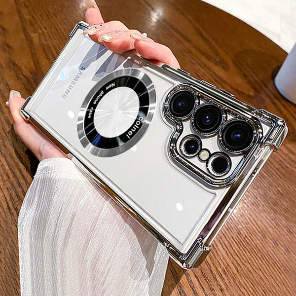 Luxury MagSafe electroplate Samsung case with shockproof bumper, hard transparent back cover, and wireless charging support.