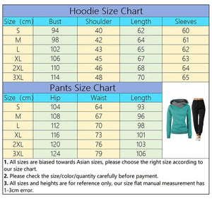 Size chart for hoodie and pants with measurements in centimeters