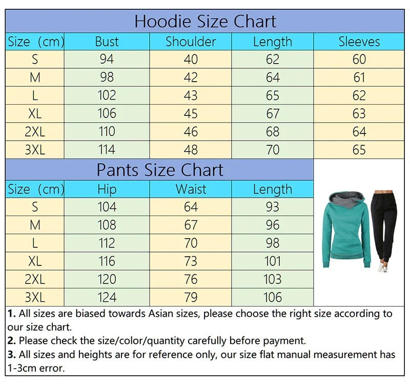 Size chart for hoodie and pants with measurements in centimeters