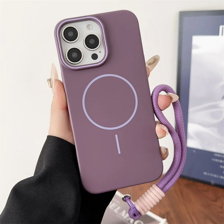 Candy Color Liquid Silicone MagSafe iPhone Case with Lanyard – Shockproof Magnetic Strap Cover for iPhone 11–16 Pro Max