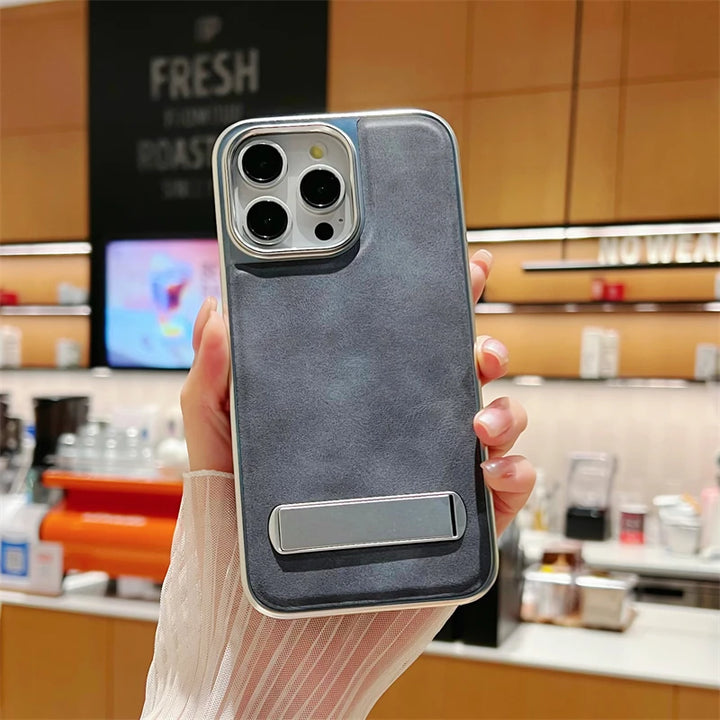 Luxury Plating Leather Metal Holder Case for iPhone 11/12/13/14/15 Pro Max Plus with Shockproof and Stylish Design