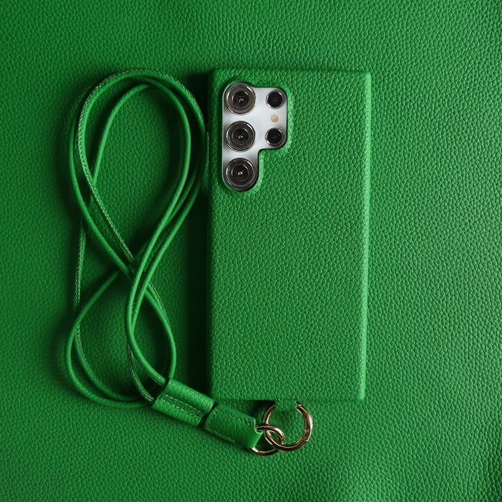 Luxury Cowhide Leather Crossbody Lanyard Case for Samsung S24, S23, S22, S21, and S20FE, Stylish and Durable Design