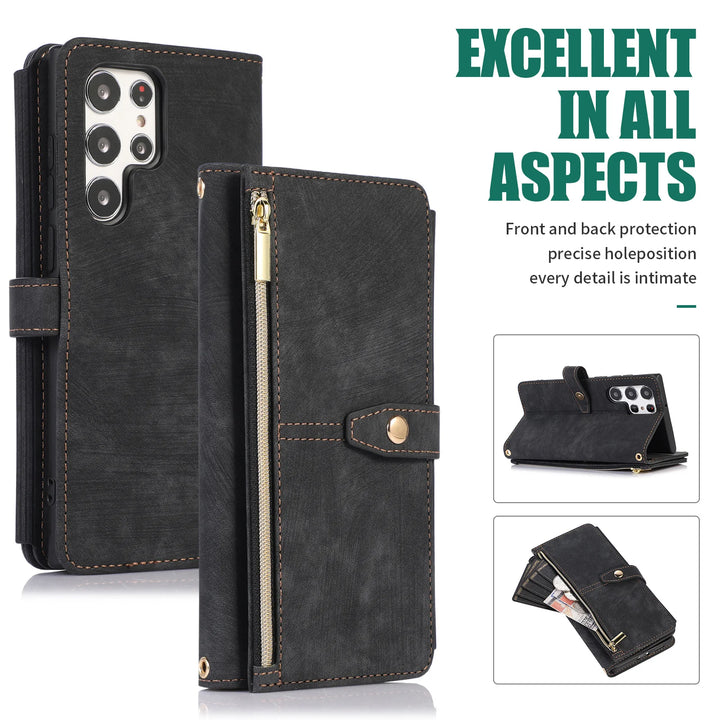 Crossbody wallet case for Samsung Galaxy with card holder, lanyard, and kickstand for hands-free use.