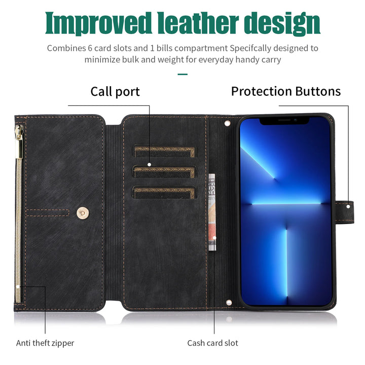 Crossbody wallet case for iPhone with card holder, lanyard, and kickstand for hands-free use.
