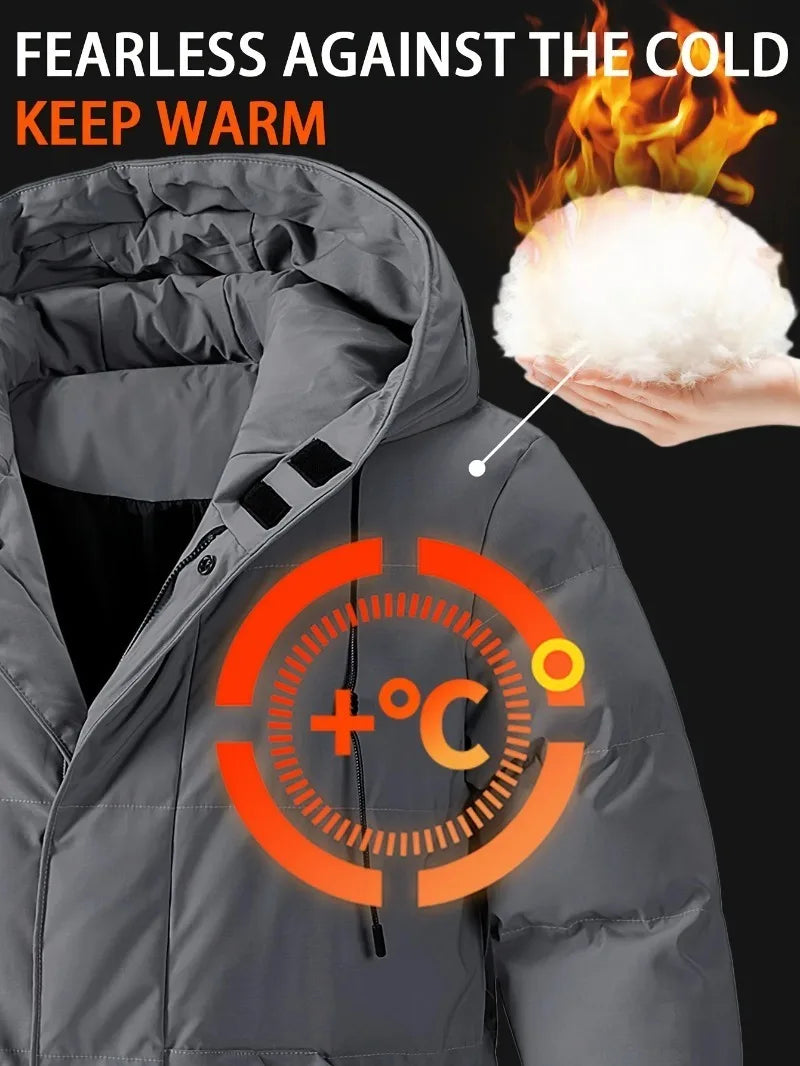 Gray jacket with heating element graphic, text 'Fearless Against the Cold Keep Warm', and a hand holding snow.