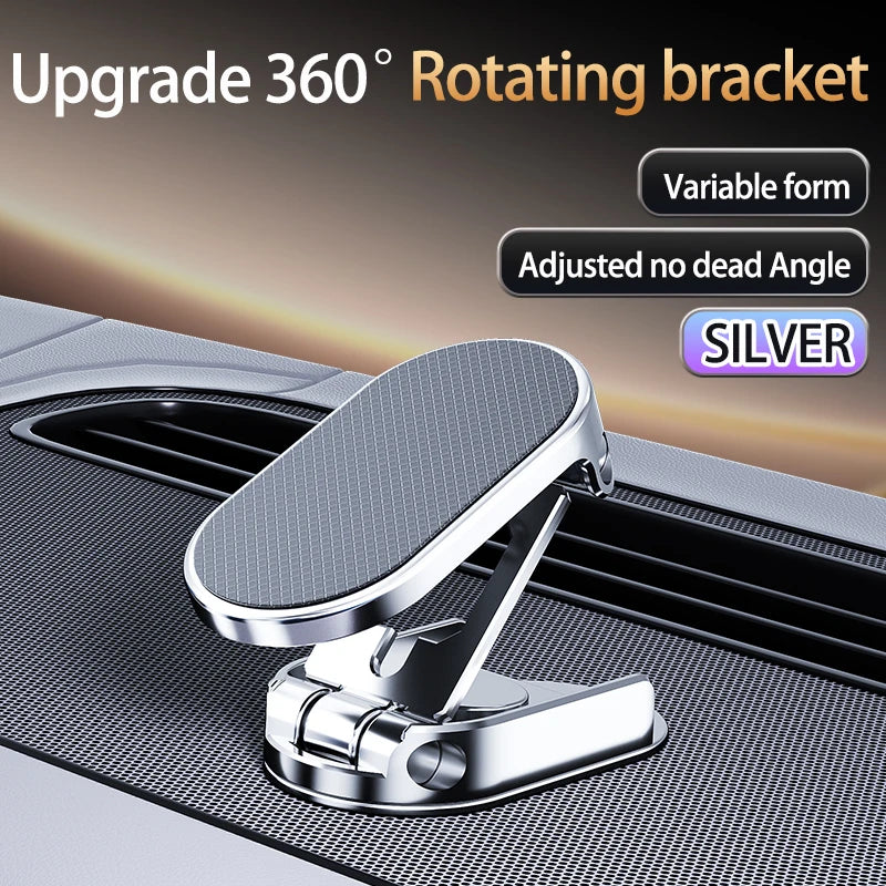 360-degree rotating bracket on a car dashboard with text highlighting features.