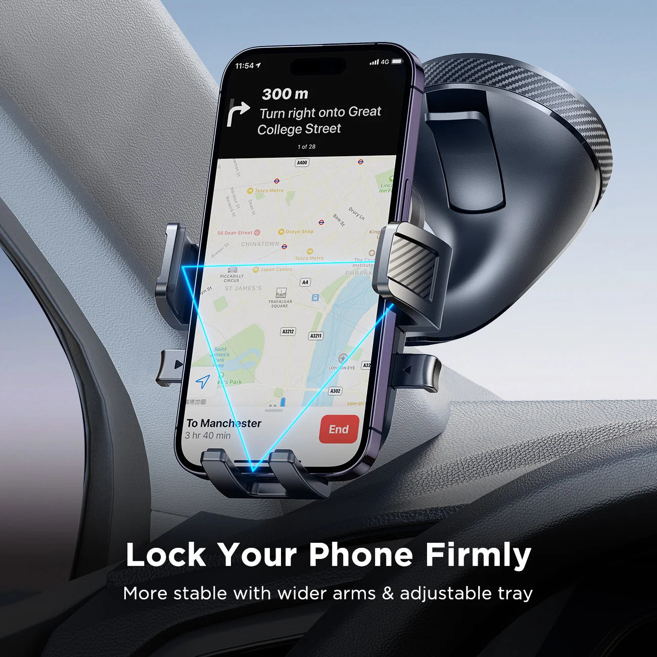 Car phone holder with smartphone displaying navigation app, mounted on car dashboard.