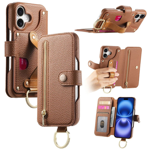 Litchi pattern flip leather phone case with a wrist strap, card holder, and wallet design for iPhone 16, 15, and 14 Pro Max.