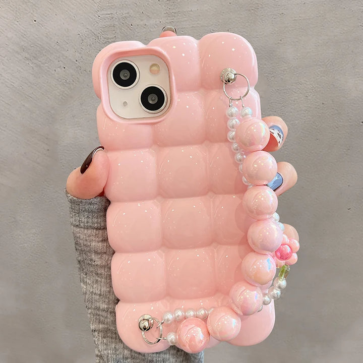 Luxury Pearl Bracelet Chain 3D Ice Lattice Case for iPhone 16 15 14 13 12 Pro Max