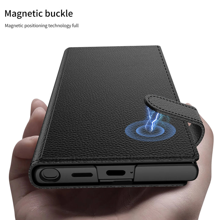 Leather Flip Wallet Phone Case with Card Holder and Kickstand for Samsung Galaxy S25 Ultra in Carbon Fibre Design