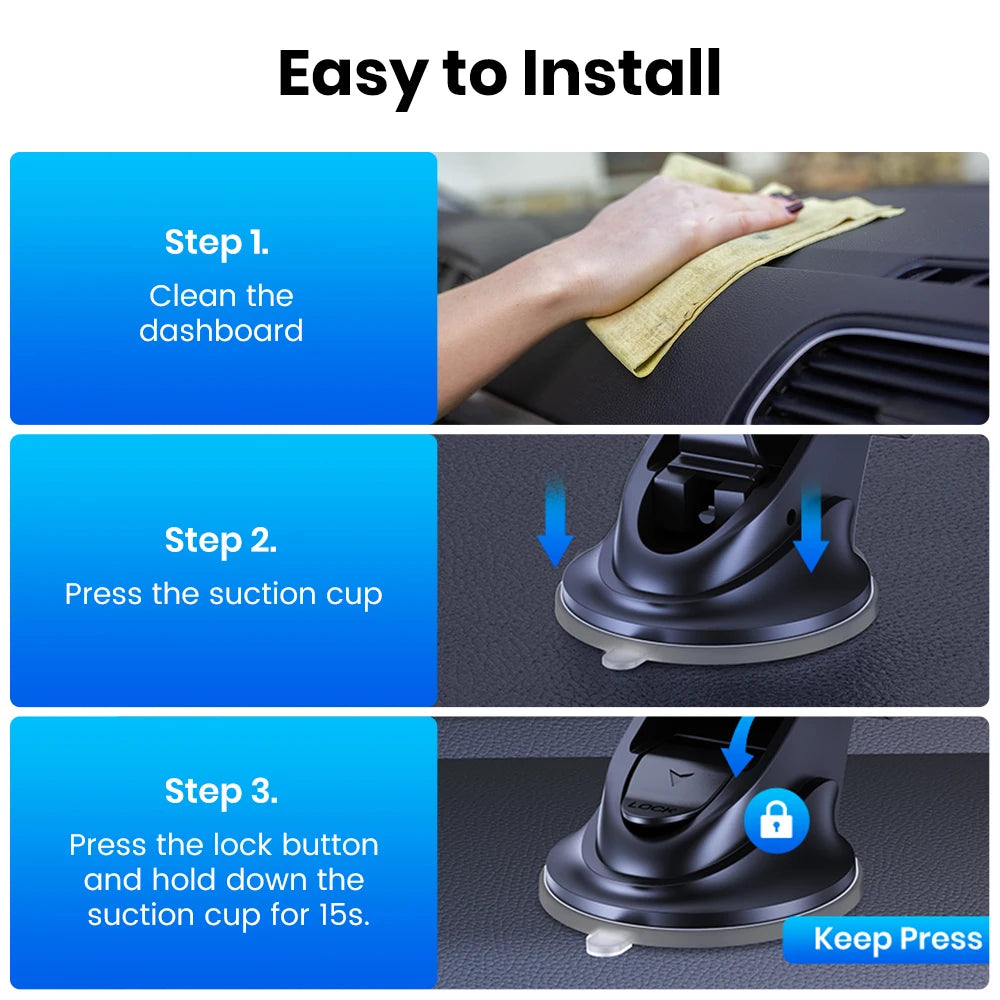 Step-by-step guide on how to install a suction cup mount on a car dashboard.