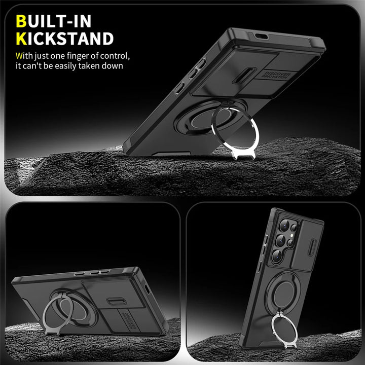 Magnetic Slide Camera Protection Case for Samsung S21-S25 – Shockproof, Stand, Anti-Scratch