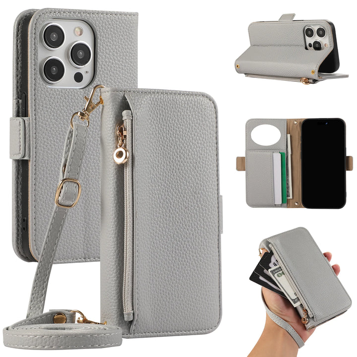 Crossbody Zipper Wallet Case with Card Holder for iPhone 16/15/14/13/12/11 Pro Max, Leather Cover