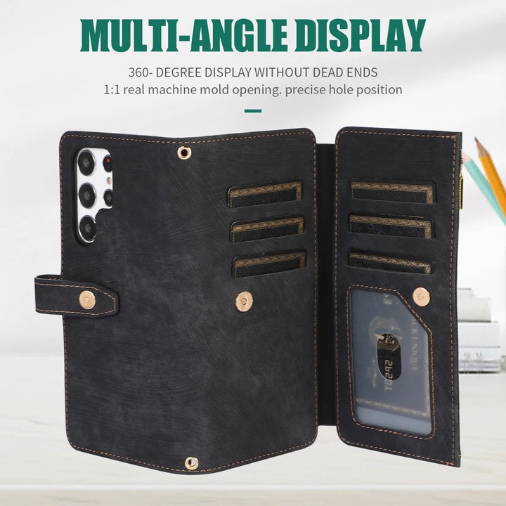 Crossbody wallet case for Samsung Galaxy with card holder, lanyard, and kickstand for hands-free use.