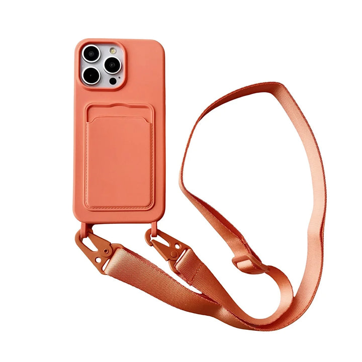 Crossbody Lanyard Necklace Rope Wallet Silicone Case For iPhone 16 15 Plus 14 13 12 11 Pro Max Slot Card Holder Plain Back Cover