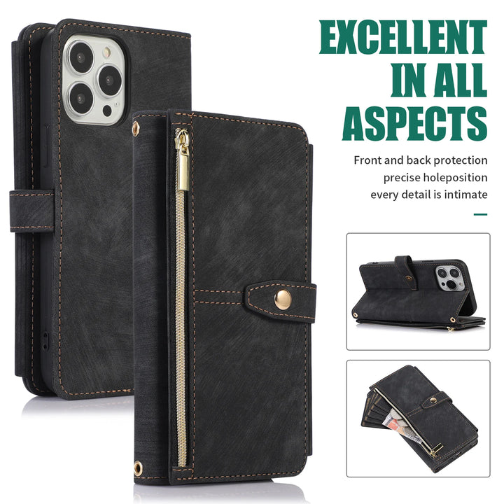 Crossbody wallet case for iPhone with card holder, lanyard, and kickstand for hands-free use.