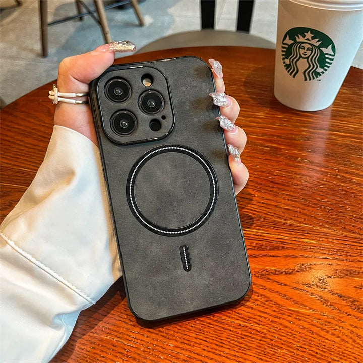 Luxury Matte Leather MagSafe Case for iPhone 16 Pro Max, Shockproof & Wireless Charging Compatible