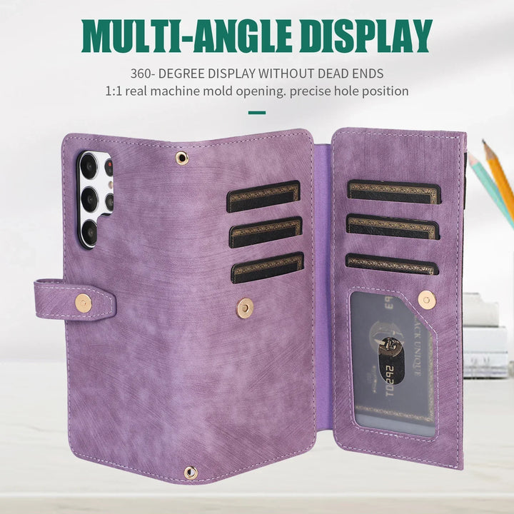 Crossbody wallet case for Samsung Galaxy with card holder, lanyard, and kickstand for hands-free use.