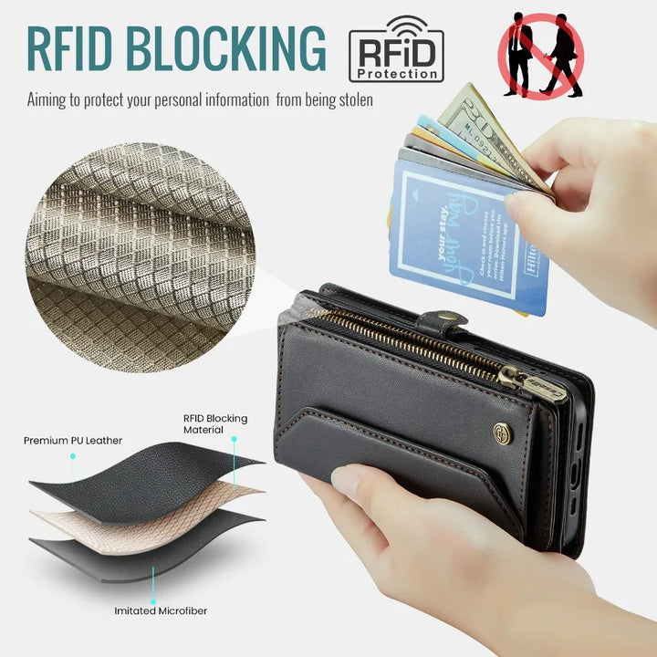 Leather Wallet Phone Case for iPhone 16 Pro Max – Zipper Card Holder with Detachable Magnetic Flip Cover and Strap