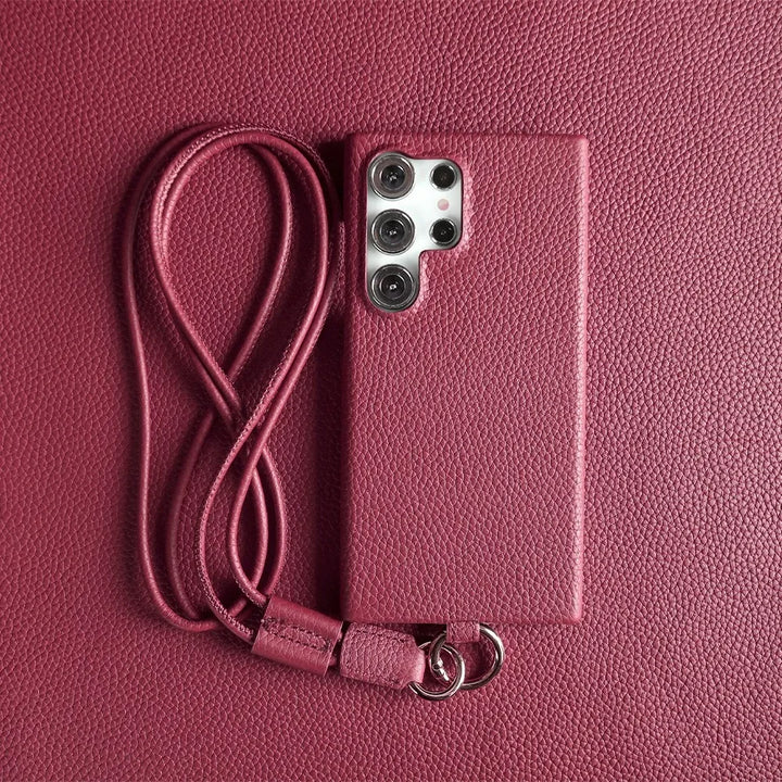 Luxury Cowhide Leather Crossbody Lanyard Case for Samsung S24, S23, S22, S21, and S20FE, Stylish and Durable Design