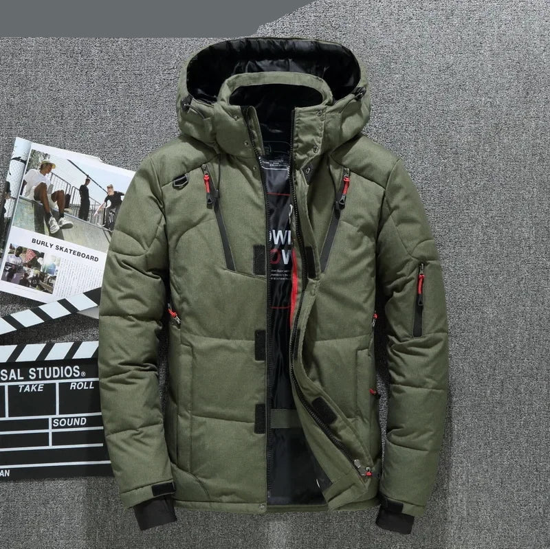 Green winter jacket with red zippers on a gray background