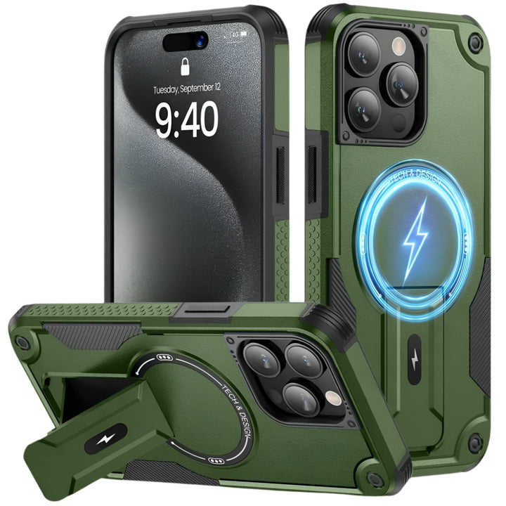 Heavy Duty MagSafe Case with Kickstand for iPhone 16, 15, 14, 13, 12, 11 Pro Max – Shockproof Dual Layer Magnetic Ring Holder Cover