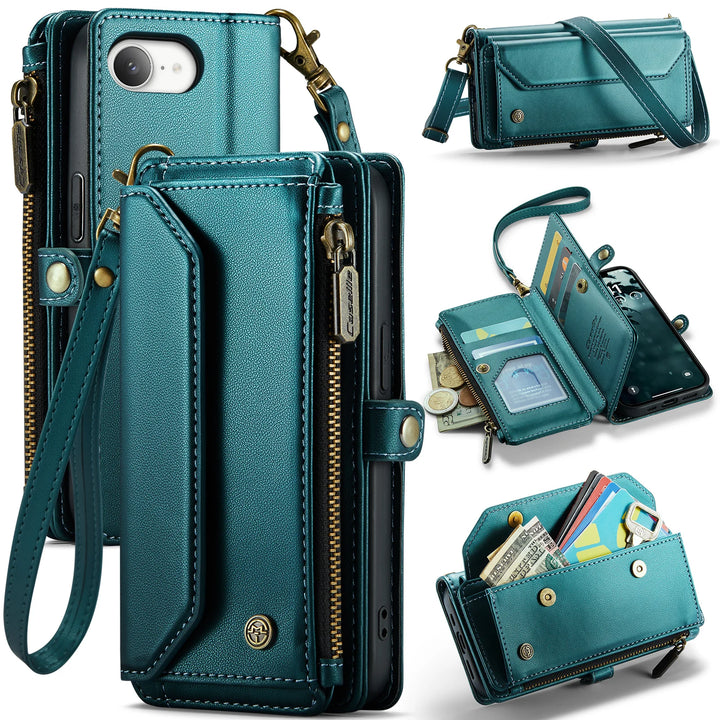 Leather Wallet Phone Case for iPhone 16 Pro Max – Zipper Card Holder with Detachable Magnetic Flip Cover and Strap