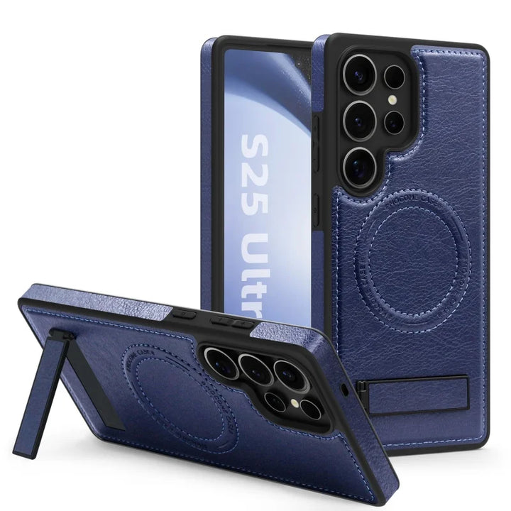 Luxury leather stand case for Samsung Galaxy S23, S24, S25 Ultra, offering premium protection and style.