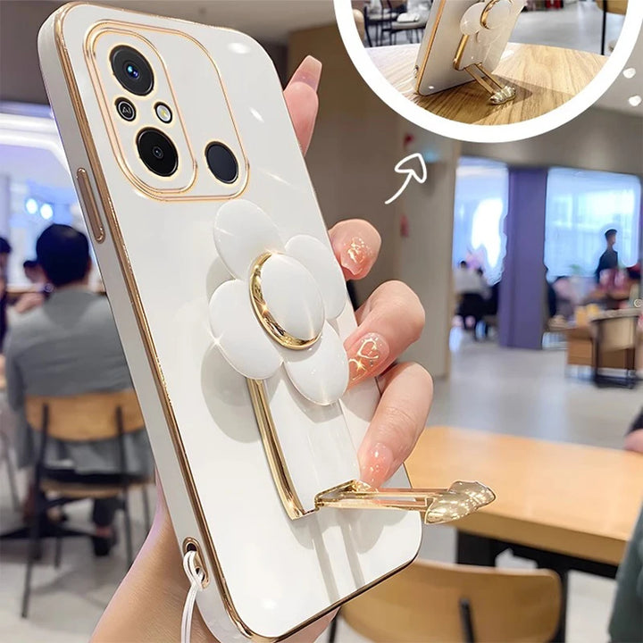 Luxury Turn Flower Stand Case for Redmi Note 13 Pro Plus, 12, 11S, and 10A with premium floral design and stand functionality
