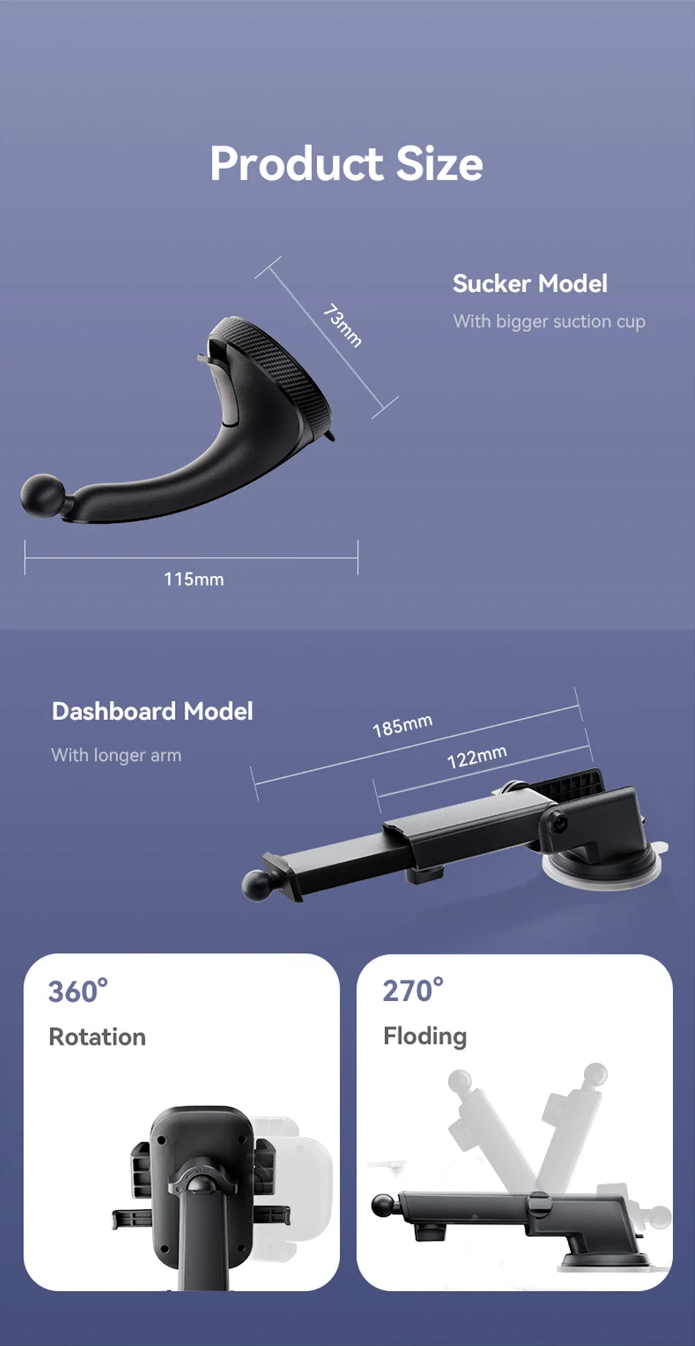 Product size comparison chart for a sucker model and dashboard model with measurements and features.
