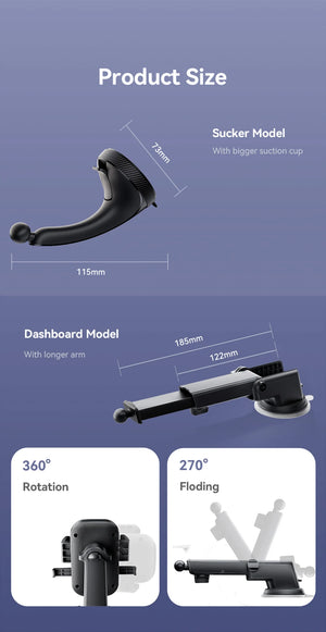 Product size comparison chart for a sucker model and dashboard model with measurements and features.