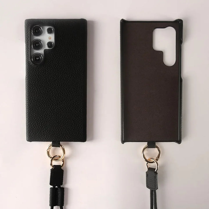 Luxury Cowhide Leather Crossbody Lanyard Case for Samsung S24, S23, S22, S21, and S20FE, Stylish and Durable Design