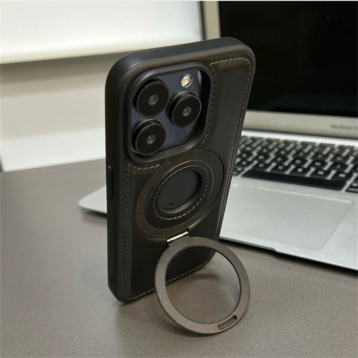 Luxury PU Leather iPhone 16 to iPhone 12 Pro Max Magnetic Case with Ring Stand and Hollow Logo – Red, Blue, Brown, Black