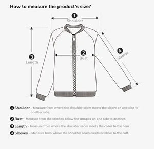 Measurement guide for a jacket with labeled parts and instructions on how to measure different parts of the jacket.