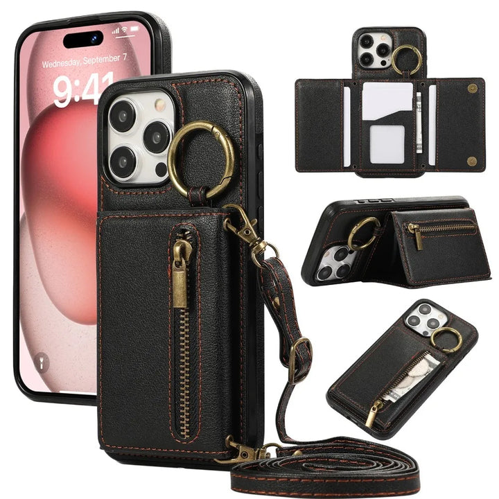 Crossbody Leather Wallet Phone Case with Zipper and Card Holder for iPhone 16/15/14/13/12/11 Pro Max