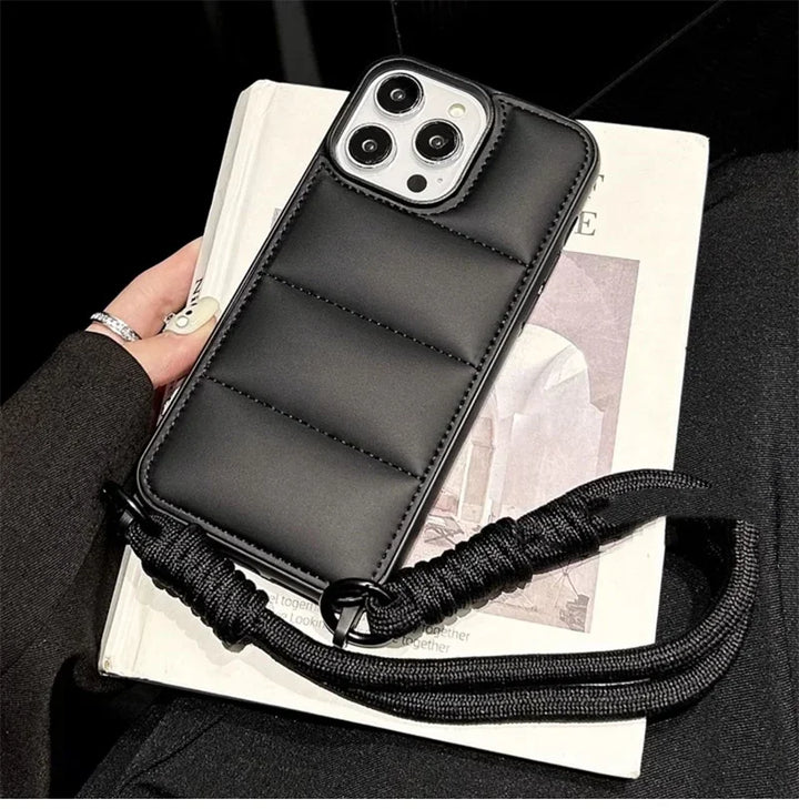 Soft Puffer Jacket Style Silicone Case with Lanyard for iPhone 15 Pro Max – Anti-Fingerprint & Full Protection