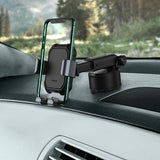 Car phone holder on a car dashboard with a scenic background