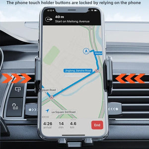 Phone mounted on a car holder with navigation app displayed