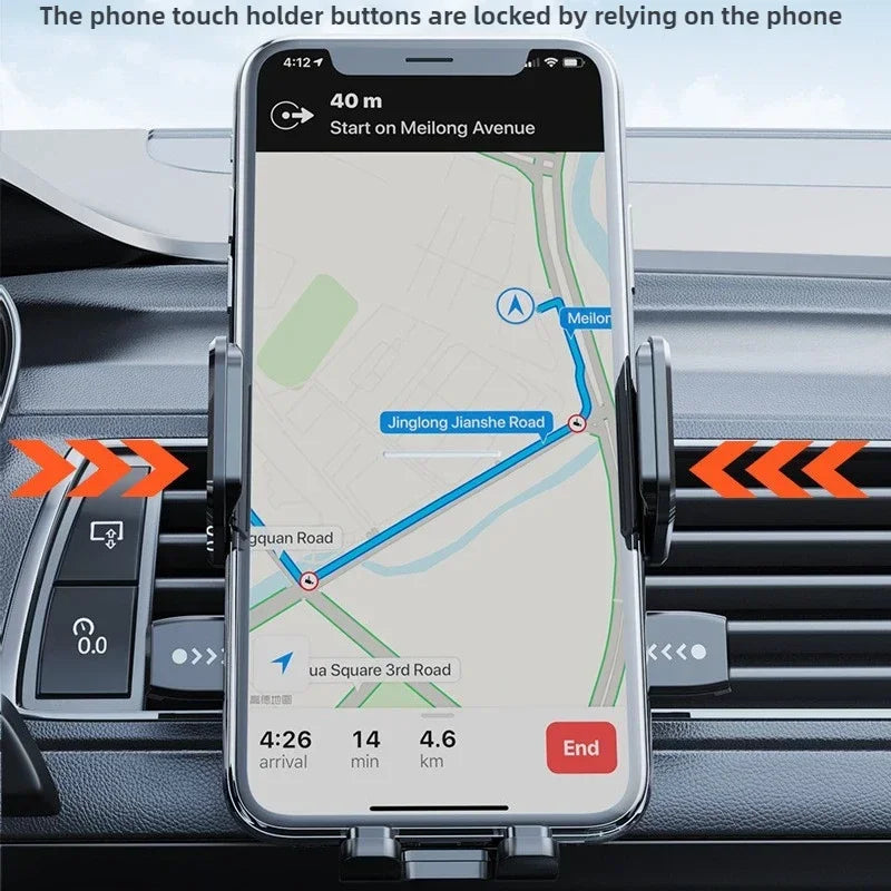 Phone mounted on a car holder with navigation app displayed