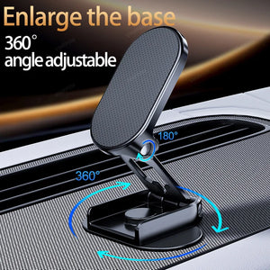 360-degree adjustable car phone holder on a car dashboard with text indicating its features.