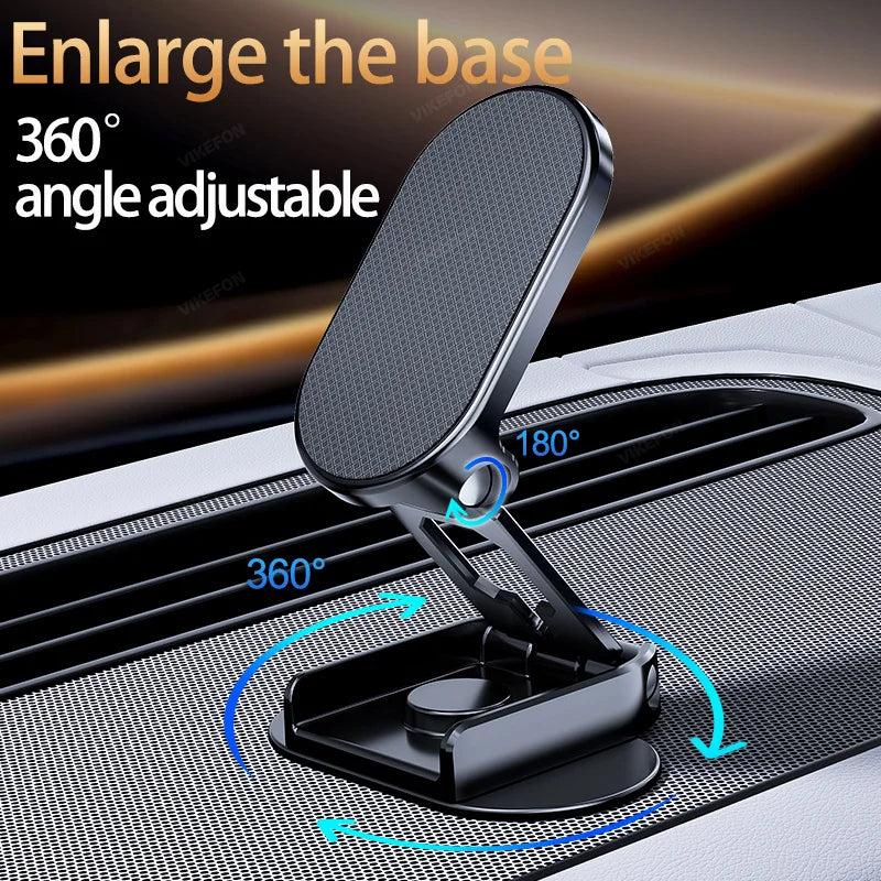 360-degree adjustable car phone holder on a car dashboard with text indicating its features.