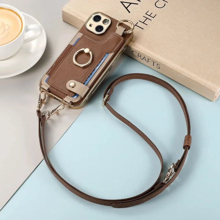 iPhone 15/14 Plus/13/12/11 Pro Max Plating Phone Case with Wrist Strap and Long Lanyard, Short Hand Rope PU Leather Cover