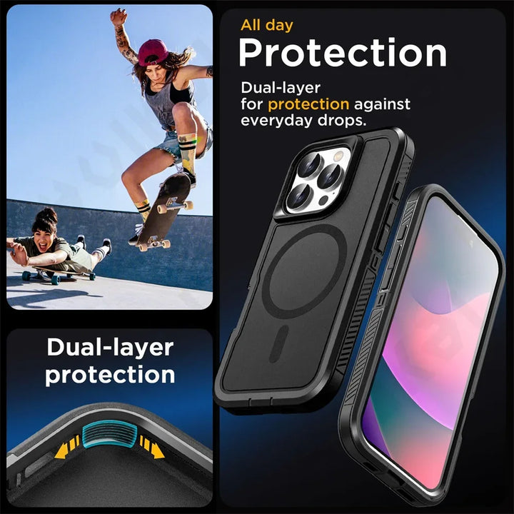 Heavy Duty Rugged Case for iPhone 16 15 14 13 12 – Shockproof Magnetic Armor Cover with Ring Stand & Slide Camera Protection