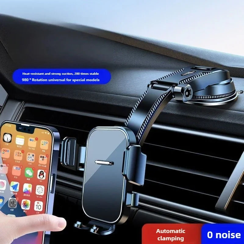 Car phone holder with smartphone on a car dashboard, showing text about stability and noise level.