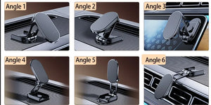 Car phone holder displayed from multiple angles on a car dashboard.