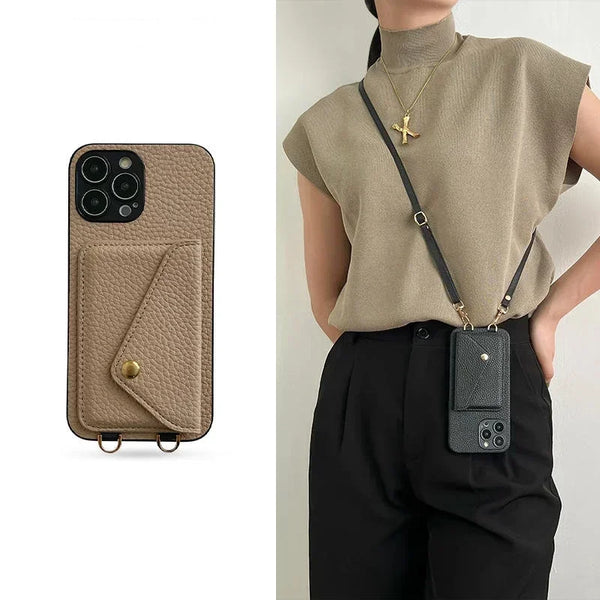 Crossbody leather phone case with wallet and card holder for iPhone 11-16 Pro Max, featuring an adjustable strap and plain design