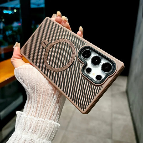 Carbon Fiber Leather Magnetic Case for Samsung S24 Ultra, Ring Holder